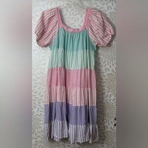 VTG Krist Gudnason Women’s XL Pink Purple Blue Stripe Tiered Peasant Dress
